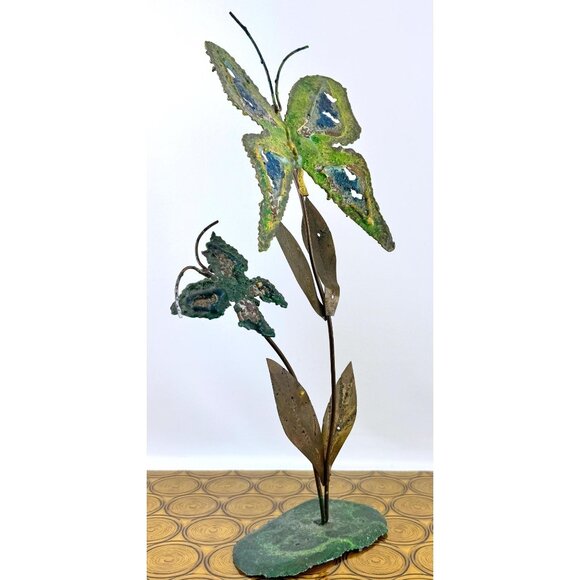 Vintage 1970s butterflies copper sculpture, enamel painted metal, 19.5" tall - Picture 4 of 10